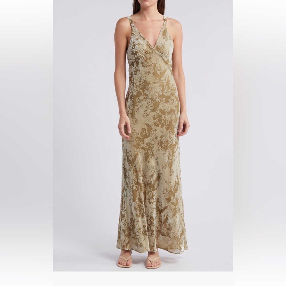 Mango Olive-Beige Lace Slip Maxi Dress